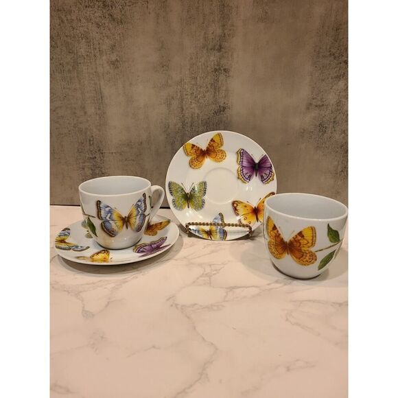 Neiman Marcus set (2) Butterfly Tea Cups saucers 8 oz | 3"H Porcelain Coffee - Picture 2 of 11
